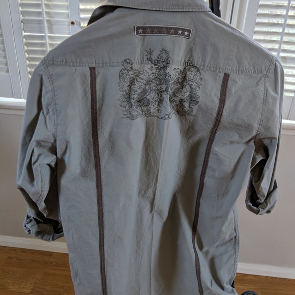 7 Diamonds Button Down Army Green embroidere shirt - Picture 4 of 8